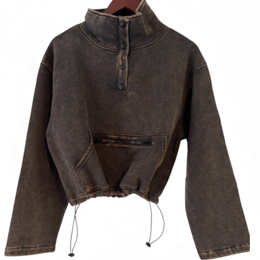 Zenana Button up Mock Neck scrunch Waist Sweatshirt